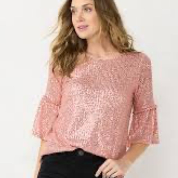 LC Lauren Conrad Sequin Balloon-Sleeve Top peach sequin size M keyhole back EUC - Picture 4 of 11